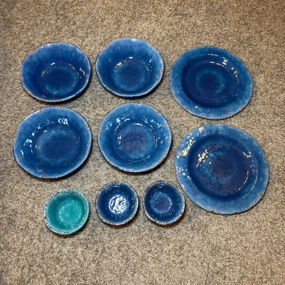 Pier 1 Carmelo Melamine Blue Crackle Rustic Plates Bowls Snack Dish LOT of 9